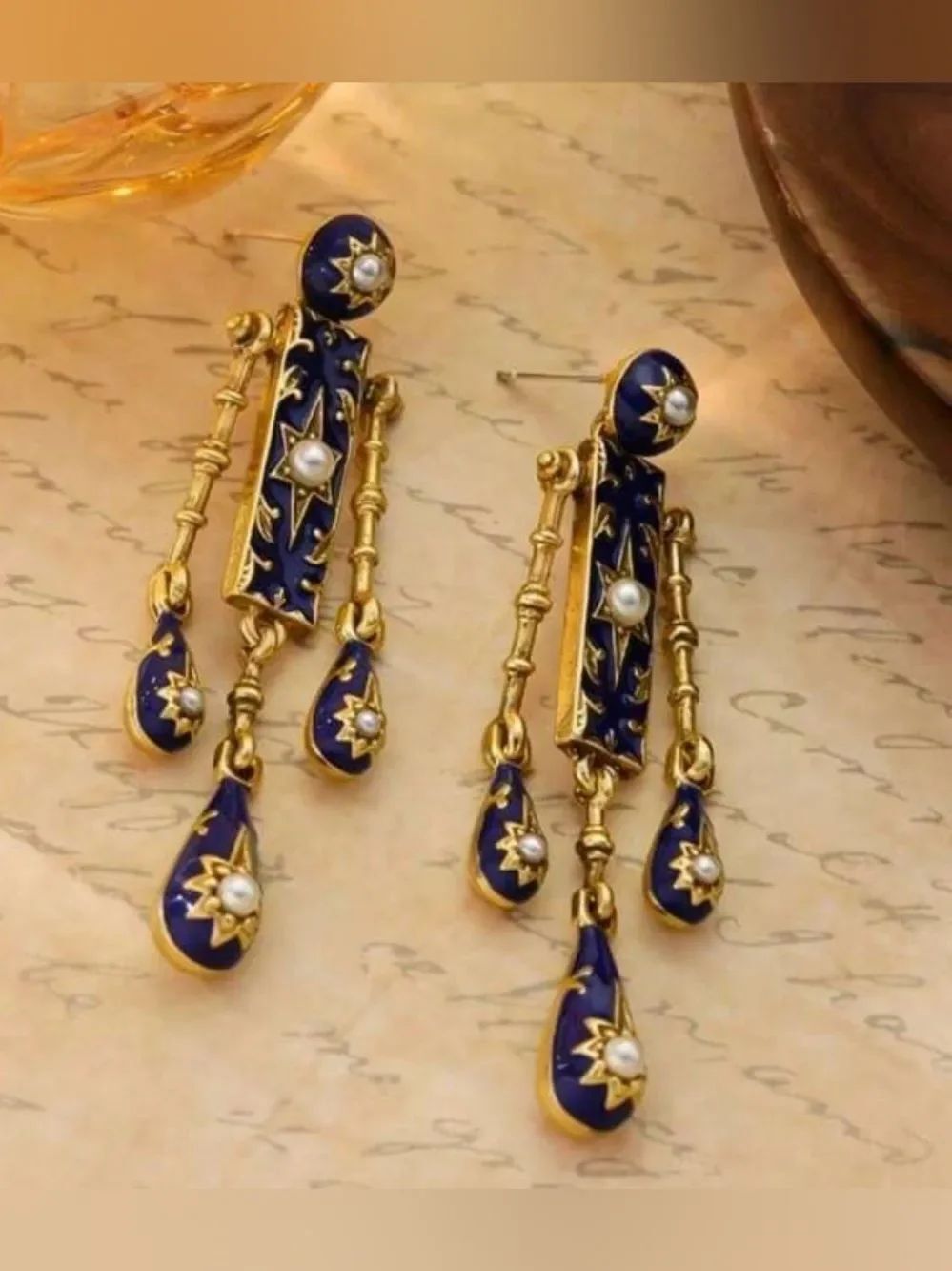 Blue and Gold Pearl Drop Earrings A2086